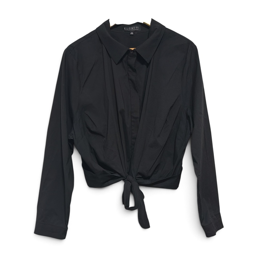 Eloquii Womens Black Tie Front Long Sleeve Button Down Cropped Shirt 24 PLUS